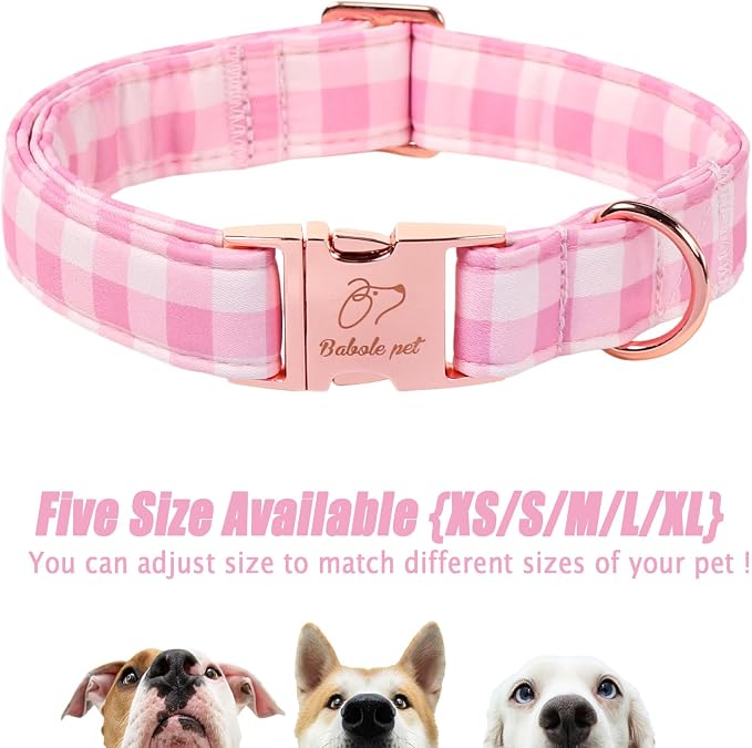 Girl Dog Collar, Classic Pink Gingham Dog Collars - Soft Adjustable Spring Summer Everyday Collars for Small Medium Large Dogs, Sweet Checkered Female Dogs Collar S