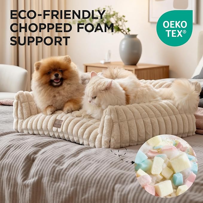 Joydeco Cat Couch for Pets, 24 inch Plush Pet Sofa, Cat Bed for Indoor Cats with Removable Washable Cover, Supportive Pet Sofa, Cream
