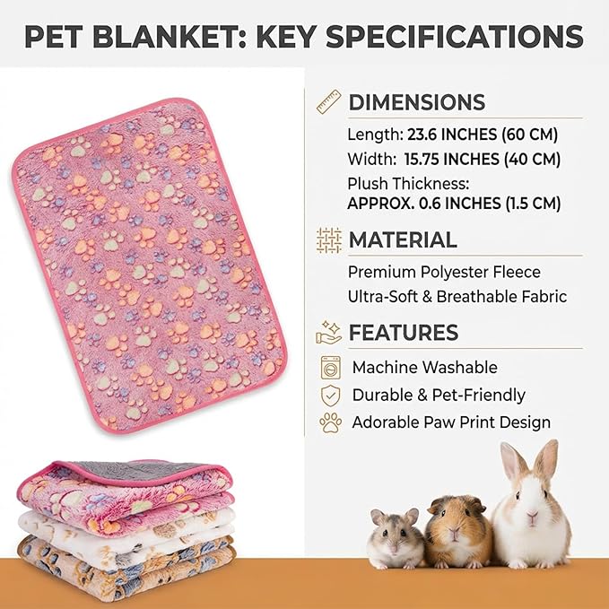 RAINFLOW 3Pcs Guinea Pig Fleece Blanket - Waterproof Washable Pet Cage Liner Pee Pad, Paw Print Absorbent Mat for Small Dog Rabbit Hamster Ferret Chinchilla, 23.6 x 15.7 Inch, 3 Colors