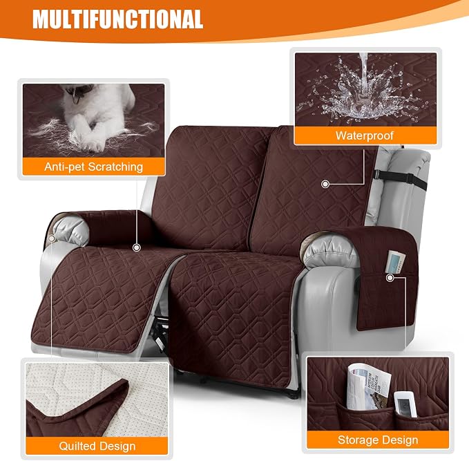 VANSOFY Waterproof Recliner Couch Covers, Sofa Covers 1-Piece Washable Reclining Sofa Cover Non-Slip Furniture Protector with Elastic Straps Pocket for Dogs, Pets(Coffee,2 Seater)