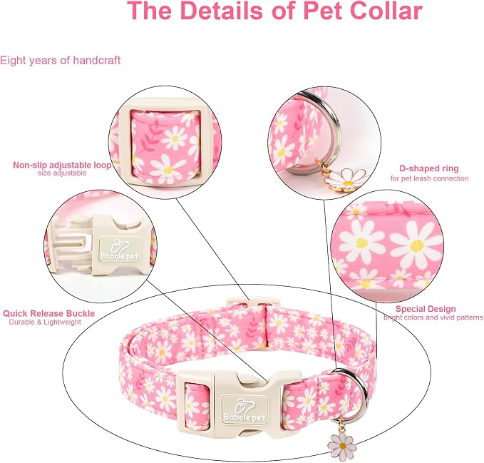 Daisy Dog Collar Pink Girl Dog Collars for Giant Large Dogs - Lightweight Adjustable Spring/Summer Floral Female Dogs Everyday Collar with Safety Buckle XL