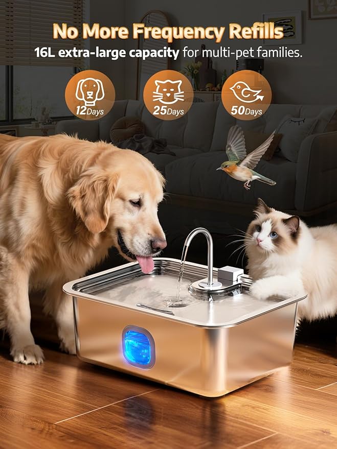 4.2Gal Dog Water Fountain for Large Dogs, 16L Stainless Steel Large Dog Fountain Water Bowl with Deeper & Wider Drinking Tray, Automatic Pet Water Dispenser with Visible Window (with 3 Filters)