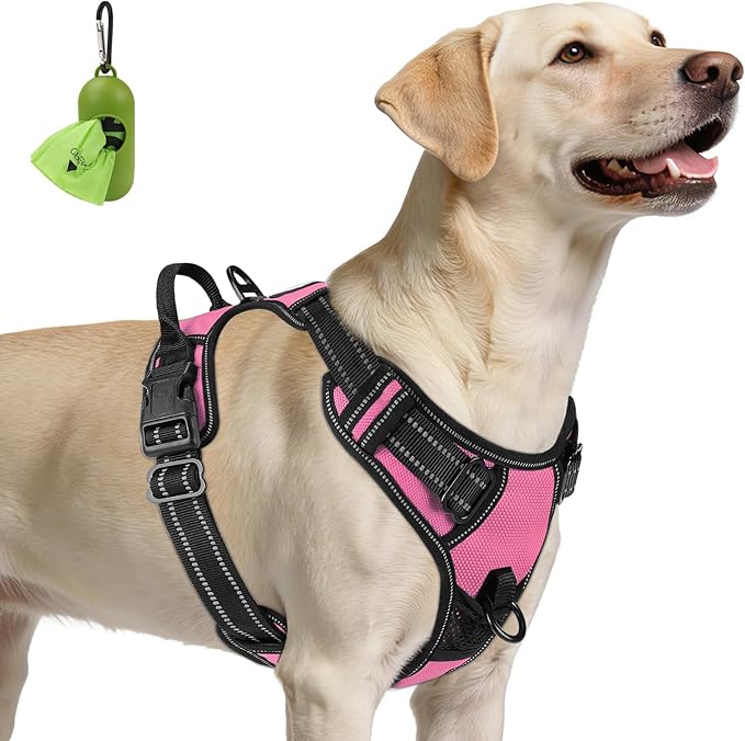 Joytale No Pull Dog Harness for Large Dogs, Reflective Pet Vest with Front Clip, Adjustable Soft Padded Harnesses with Easy Control Handle for Training and Walking, Pink, L