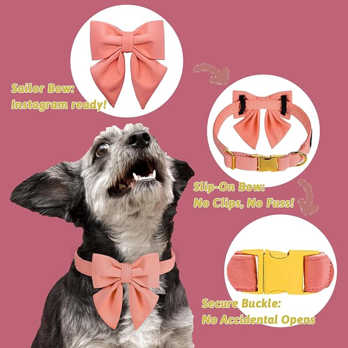 Maca Bates Candy Pink Dog Collar with Cute Solid Sailor Bow Tie for Medium Girl Boy Dogs,Girly Adjustbale Durable Breakaway Soft Collars with Bowtie for Female Male Puppy,Pet with Metal Buckle