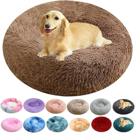 Calming Small Dog Bed Cat Bed, 16 Inch Anti-Anxiety Donut Cuddler Warming Cozy Soft Round Bed, Fluffy Faux Fur Plush Dog Cat Cushion Bed for Small Medium Dogs and Cats, Coffee