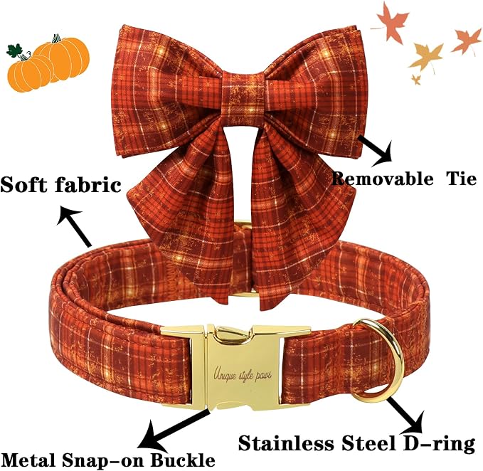 Unique style paws Cartoon Dog Collar with Bowtie Autumn Halloween Plaid Puppy Collar with Orange Brown Grid for Small Medium Large Boys Girls Dogs