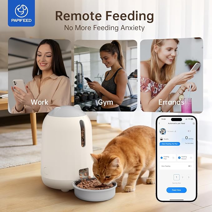 PAPIFEED Automatic Cat Feeder with App, 2.4G WiFi Cat Food Dispenser, 3L Timed Cat Feeders for Dry Food, Slow Feeding Mode, Dual Power Supply Smart Pet Feeder for Cat, Grey
