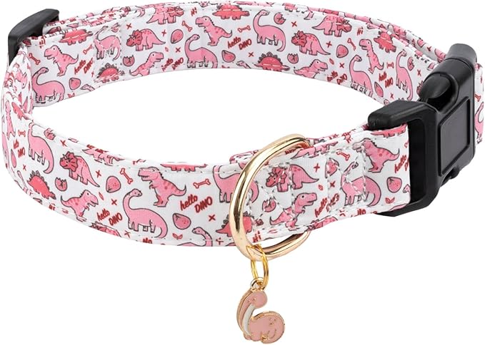 Cotton Dog Collar,Soft and Cute Puppy Collars with Pink Dinosaur Patterned Design for Girl Female Boy Dogs,Adjustable Buckle Pet Collar for Small Medium Large Dogs (Pink Dinosaur, S)