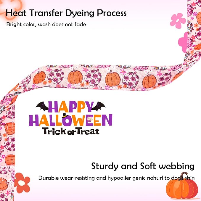 Lionheart glory Halloween Dog Collar-Pumpkin Floral Fall Pink Dog Collars with Cute Ghost Pendant Soft Adjustable Collar for Small Dogs Female Male Collars Party Pet Gift
