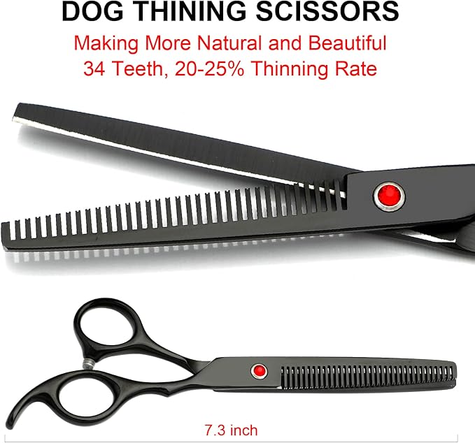 TINMARDA Dog Grooming Kit, Titanium Black Stainless Steel Dog Grooming Scissors with Curved Shears, Black Finger Rings - 5 Piece Sharp Durable Pet Shears for Dogs Cats At Home Salon-Quality Grooming