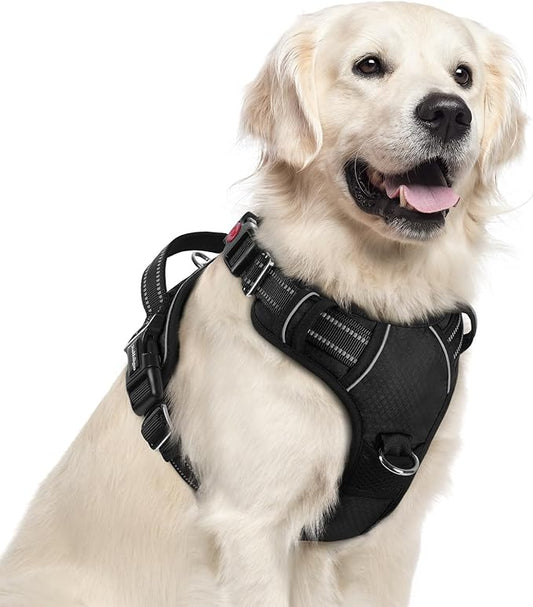 rabbitgoo Dog Harness for Large Dogs, 3 Buckles Easy On & Off No Pull Pet Vest, Soft Padded Walking Pet Harness with Control Handle, Adjustable and Reflective, Black, XL