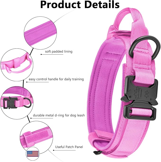 DAGANXI Tactical Dog Collar, Adjustable Military Training Nylon Dog Collar with Control Handle and Heavy Metal Buckle for Medium and Large Dogs, with Patches and Airtags Case (XL, Pink)