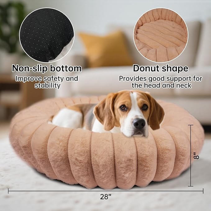 Donut Dog and Cat Bed, Luxurious Comfortable Faux Rabbit Fur Pet Beds, Round Anti-Anxiety Calming Puppy Kitten Bed with Anti-Slip Bottom for Small Medium Dogs & Cats(28", Brown)
