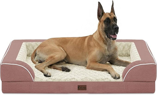 Orthopedic Dog Beds for Extra Large Sized Dogs 53x42 Inch, XXL Waterproof Egg Crate Foam Dog Sofa Bed with Removable Washable Cover Big Pet Couch with Bolster & Non-Slip Bottom, Pink