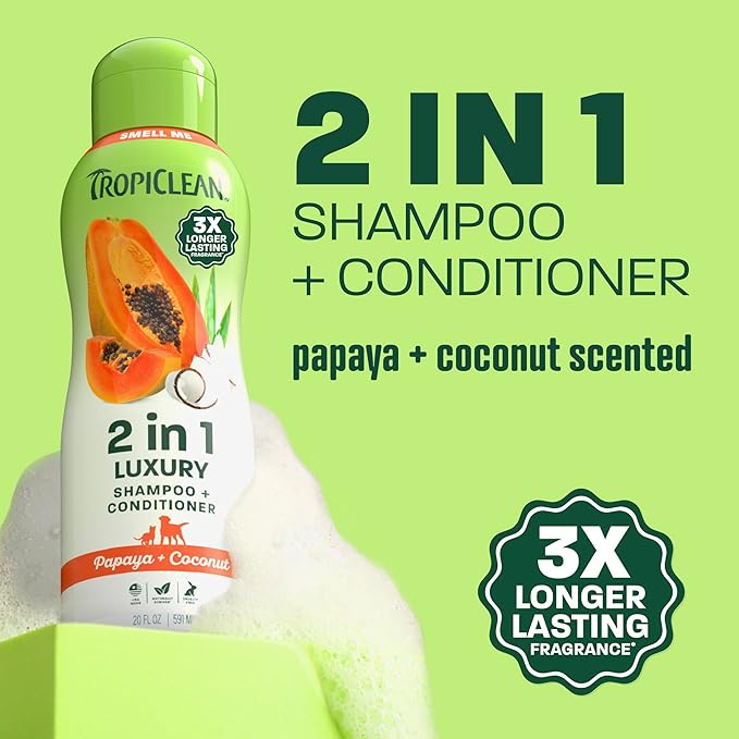 TropiClean 2-in-1 Dog Shampoo and Conditioner, Long Lasting Papaya Scent, Moisturizing Dog Detangler, Puppy & Kitten Safe, Made in the USA, 20oz.