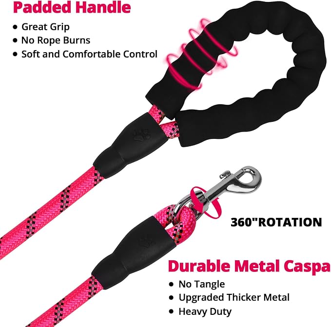 jenico Long Dog Leash 15FT: Heavy Duty Nylon Rope Leashes for Dogs Training with Reflective Threads Bungee and Padded Handle - Dog Lead for Large Small Medium Dogs Outside Walking Hiking - Pink