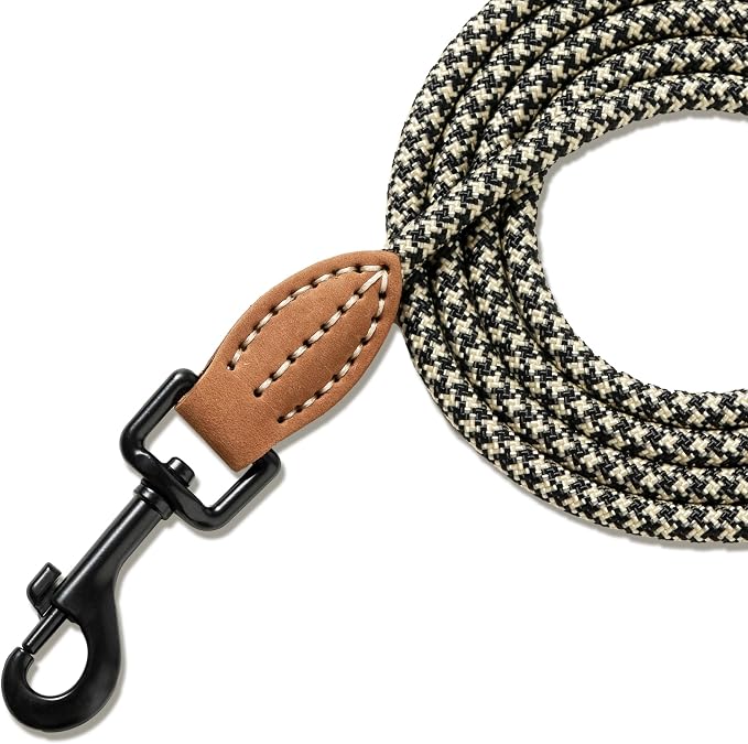 Mile High Life Small Dog Leash, Thin Rope Leash with Genuine Leather Connection and Heavy Duty Metal Clasp, Great for Small Medium Dogs(Black Khaki,60 Inch-1/3)