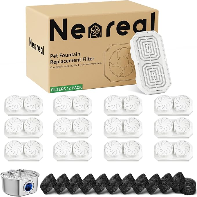 Official 12-Pack Replacement Filters with Pre-Filter Sponges for 108oz/3.2L Automatic Stainless Steel Pet Water Fountain