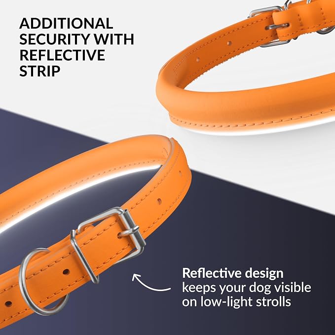 CollarDirect Reflective Rolled Leather Dog Collar, Soft Padded Round Puppy Collar, Handmade Genuine Leather Collar Dog Small Large Cat Collars 13 Colors (8-11 Inch, Orange Reflective)