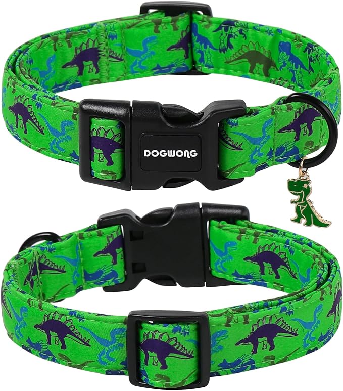DOGWONG Dinosaur Dog Collar for Medium Dogs, Adjustable Cute Boy Dog Collars, Green Summer Boy Dogs Collars for Small Medium Dogs, Neck 14-21 inches