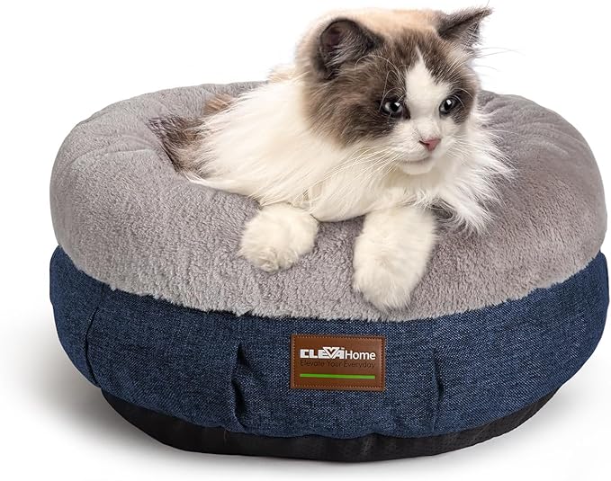 ClevaHome Calming Soft Plush Donut Cat Bed, Fluffy Round Cat Bed for Indoor Cats, Washable Kitten Bed with Plush Faux Fur, Anti-Slip Bottom, Denim Grey