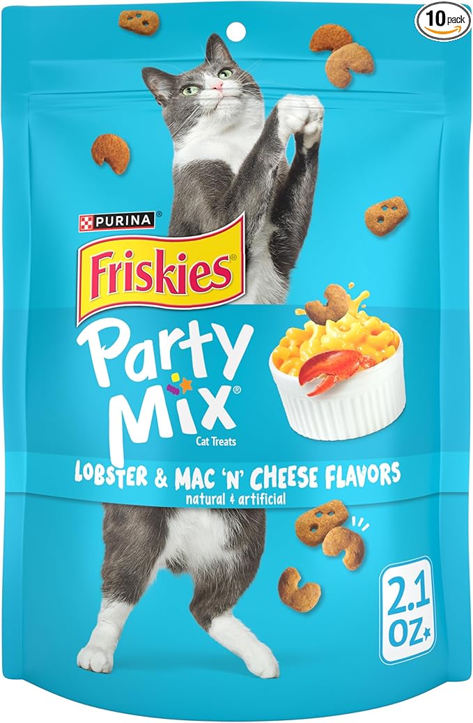 Purina Friskies Cat Treats, Party Mix Lobster & Mac 'N' Cheese Flavors - (Pack of 10) 2.1 oz. Pouches