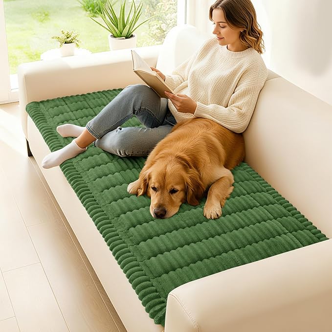 hyha Couch Cover for Dogs Washable, Non Slip Thick Flannel Sofa Protector, Pet Friendly Plush Furniture Cover for Sectional Sofa & Loveseat (Olive Green, 35.4" x 88")