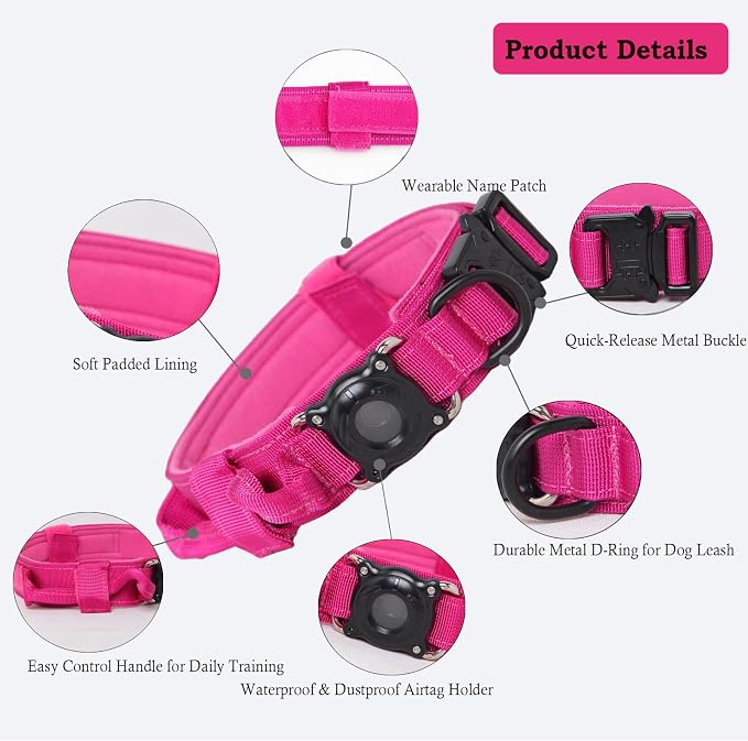 Upgraded AirTag Dog Collar,Waterproof Tactical Dog Collar with AirTag Holder, Control Handle and Metal Buckle,Heavy Duty Dog Collars for Large Dogs (Rose Red，L