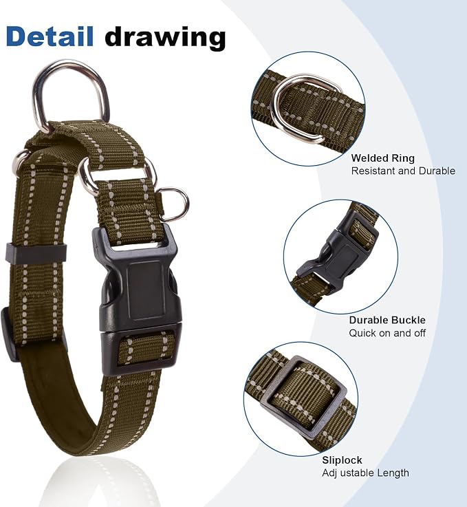 Reflective Martingale Dog Collars. Dog Collar with Quick Release Buckle. Adjustable Soft Padded Breathable Nylon Pet Collar Suitable for Puppies for Small Medium Large Dogs.