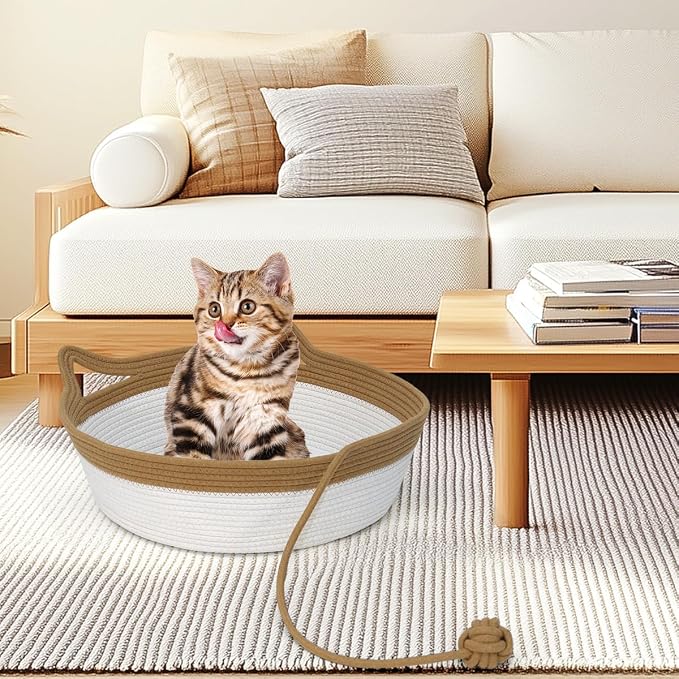 Cotton Rope Woven Cat Bed, Pet Sleeping Bed with a Playing Rope Ball, Foldable Sleeping Basket for Cats, Puppies, Rabbits and Small Pets (Large, Brown & Beige)