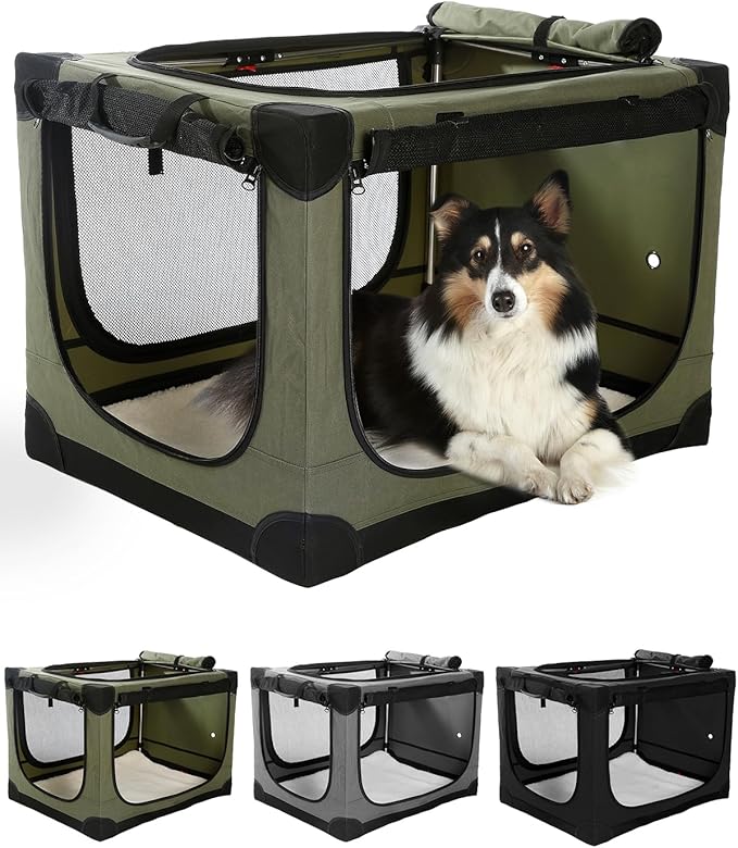 Veraste 24" L x 17" W x 17" H Collapsible Travel Dog Crate, Portable Soft Dog Kennel for Small Medium Pets up to 30 lbs, 4-Door Foldable Travel Crate with Durable Mesh & Storage Bag, Green
