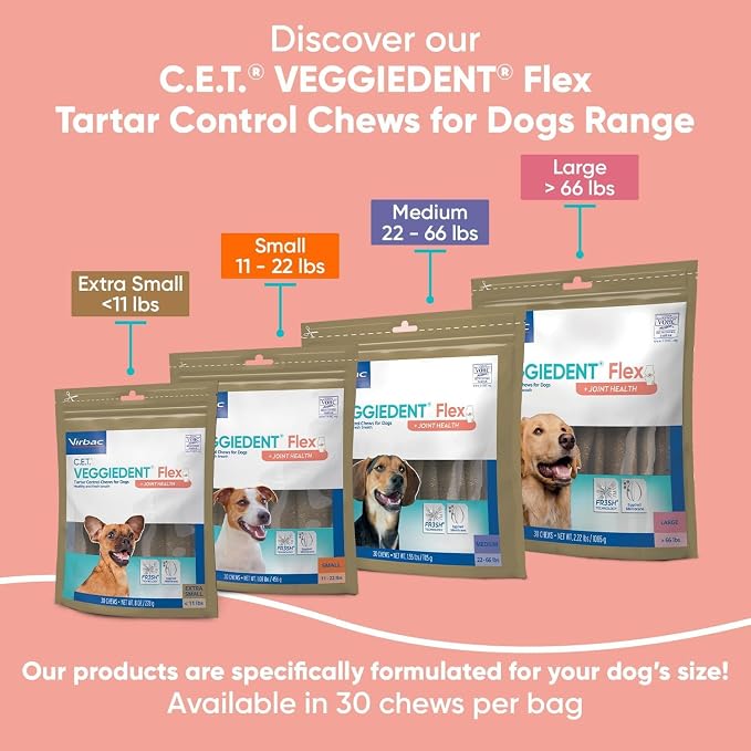 Virbac C.E.T.® VEGGIEDENT® Flex Tartar Control Chews for Dogs - Multifunctional to Support Joint Health, VOHC Approved - Small 11-22lbs