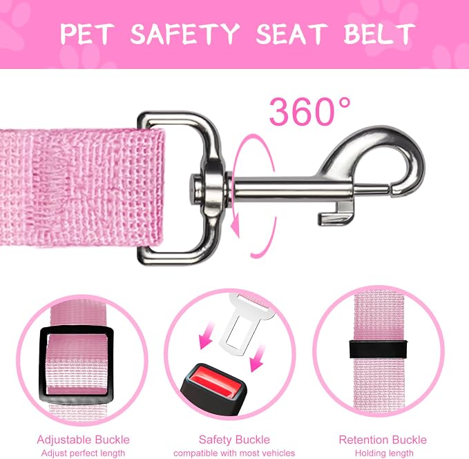2 PCS Dog Seat Belt for Car Frskcssd Adjustable Dog Car Harness Heavy Duty Nylon Dogs Safety Seat Belt (Black+Pink)
