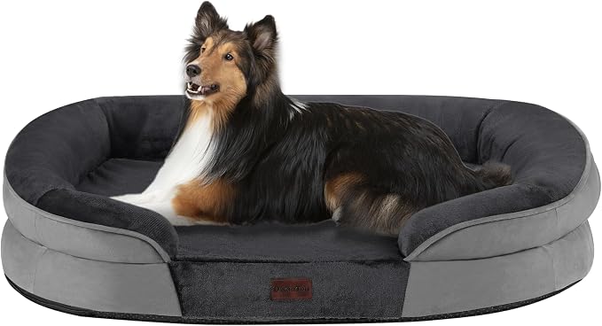 Dwanton Orthopedic Dog Bed for Large Dogs with Gel Memory Foam, Waterproof Dog Sofa, Washable Pet Bed with Four Sided Bolster Cushion, Removable Cover & Non-Slip Bottom, 38", Dark Grey