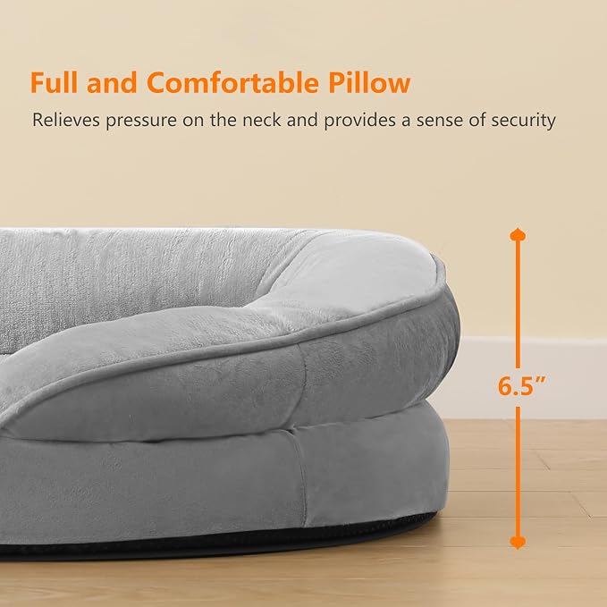 Dwanton Orthopedic Dog Bed for Large Dogs with Gel Memory Foam, Waterproof Dog Sofa, Washable Pet Bed with Four Sided Bolster Cushion, Removable Cover & Non-Slip Bottom, 42", Light Grey
