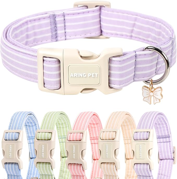 ARING PET Stripe Dog Collar, Cute Spring Summer Purple Stripe Pet Collars with Bow Charm for Puppy Small Medium Large Boy Girl Dogs, for Daily Outdoor Walking Beach Stroll-M
