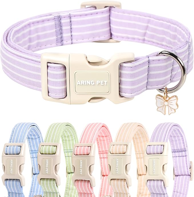 ARING PET Stripe Dog Collar, Cute Spring Summer Purple Stripe Pet Collars with Bow Charm for Puppy Small Medium Large Boy Girl Dogs, for Daily Outdoor Walking Beach Stroll-S