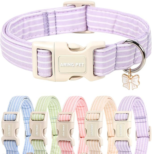 ARING PET Stripe Dog Collar, Cute Spring Summer Purple Stripe Pet Collars with Bow Charm for Puppy Small Medium Large Boy Girl Dogs, for Daily Outdoor Walking Beach Stroll-S