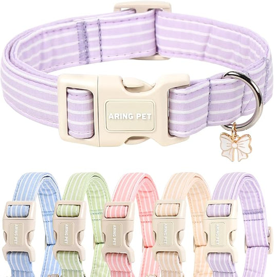 ARING PET Stripe Dog Collar, Cute Spring Summer Purple Stripe Pet Collars with Bow Charm for Puppy Small Medium Large Boy Girl Dogs, for Daily Outdoor Walking Beach Stroll-XS