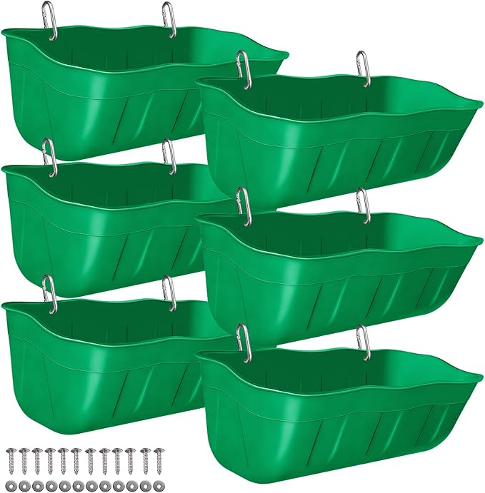 Hanging Chicken Feeders,Duck Feeder Waterer,Small Feed Trough 1.3 Quart 6 Pack,Hanging Fence Feed Trough for Poultry,Green