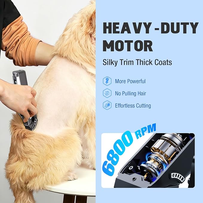Professional Dog Clippers for Grooming Thick Coats, Upgraded Metal Guide Comb Low Noise Cordless Dog Grooming Kit, Dogs Hair Clippers with 2 Detachable Stainless Steel Blade for Curly/Wavy/Matted Fur