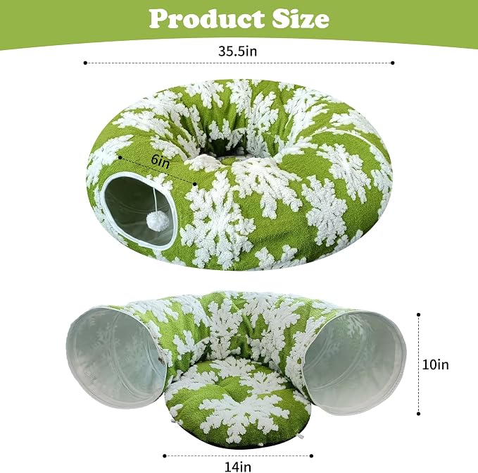 Cat Tunnels for Indoor Cats, Cute Cat Donut Tunnel with Washable Circle Cushion, Under Christmas Tree Soft Plush Peekaboo Cat Cave Toy for Kitten, Puppy, Rabbit (Green)
