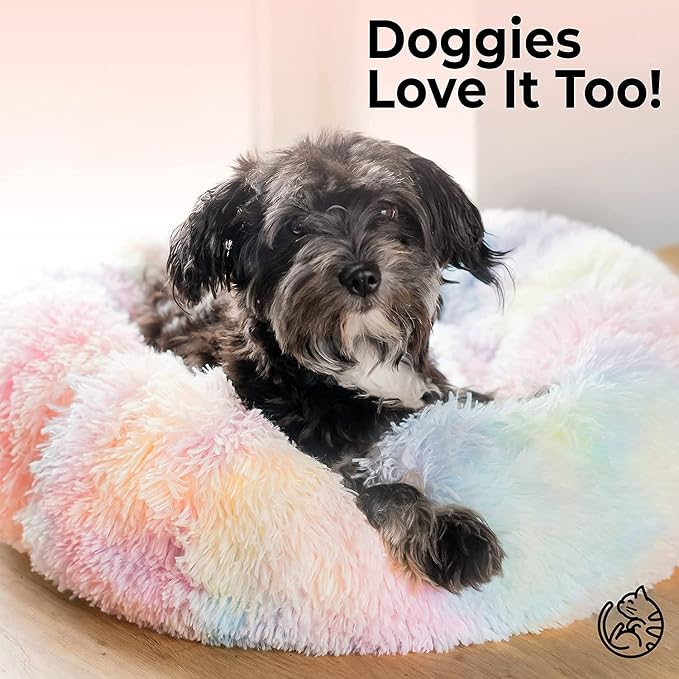 Cat Bed for Indoor Cats and Small Medium Dogs - Washable 20/24 Inches, Anti-Anxiety Round Fluffy Plush Faux Fur, Thick Bottom (Rainbow, Medium)