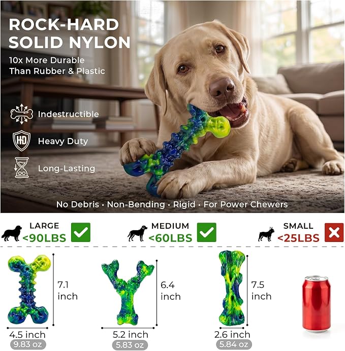 Kseroo Dog Chew Toys, 3-Pack, Peanut Butter, Medium & Large Dogs, Green | Indestructible, Rock-Hard Nylon, For Aggressive Chewers, 25-90lbs, Keeps Dogs Busy