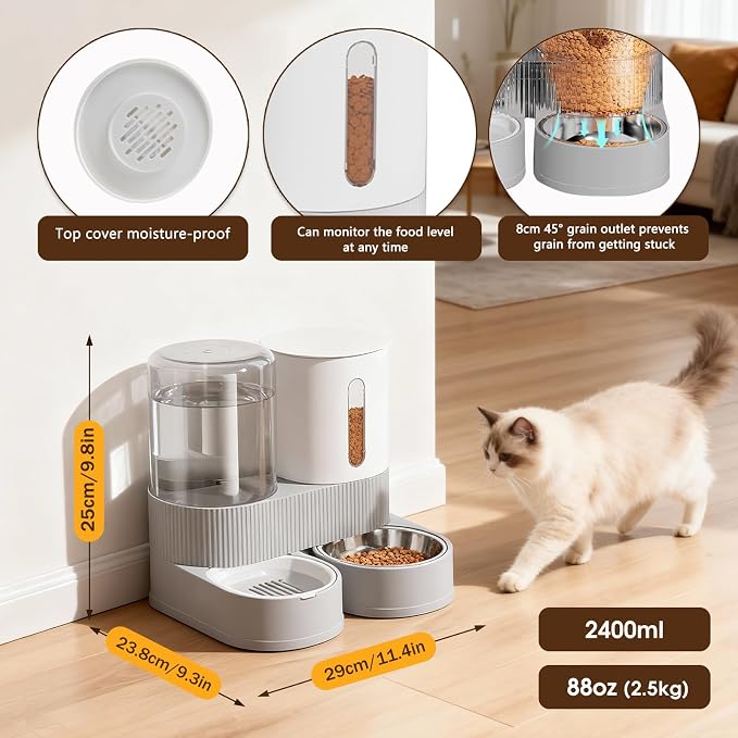 Automatic Gravity Cat Dog Feeder and Water Dispenser with 304 Stainless Steel Bowls 2 in 1 360 Degree Rotatable Auto 2.4L Dry Food and 2.6L Water Bowl for Small Medium Pet Dog Puppy Kitten (Gray)