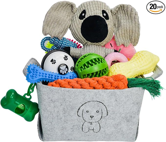 MRSOHRET 20Pcs Puppy Chew Toys for Teething, Dog Chew Toys with Rope Toys, Pet Dog Toothbrush, Treat Balls, Plush Toys and Squeaky Toy for Small Medium Dogs with Basket