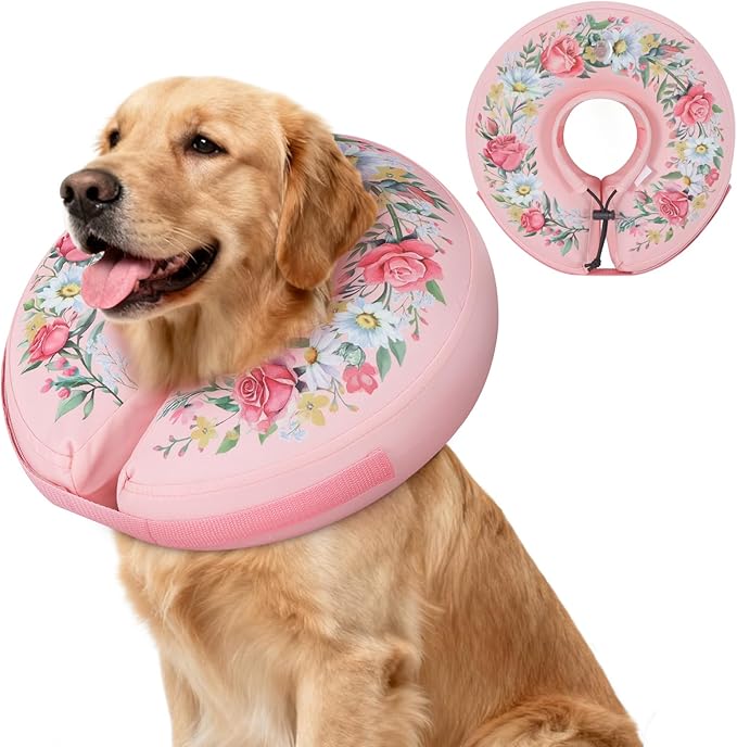 IEUUMLER Inflatable Recovery Dog Cone Collar, Neck Donut Protective ECollar, Adjustable Soft Collar for Dog and Cat After Surgery Prevent from Biting & Licking EU020 Floral Wreath L