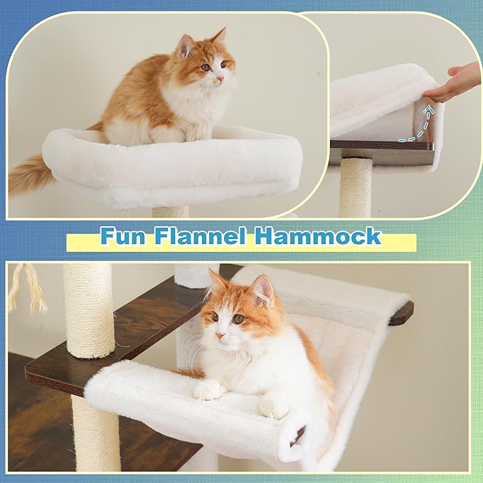 Hey-brother Wooden Cat Tree, 69.7 inch Cats Furniture Tower with Large Platforms, Hammocks, Spacious Condo, Full Sisal Scratching Posts, Ladder, Brush, Water Proof Surface, Rustic Brown MPJ121SR
