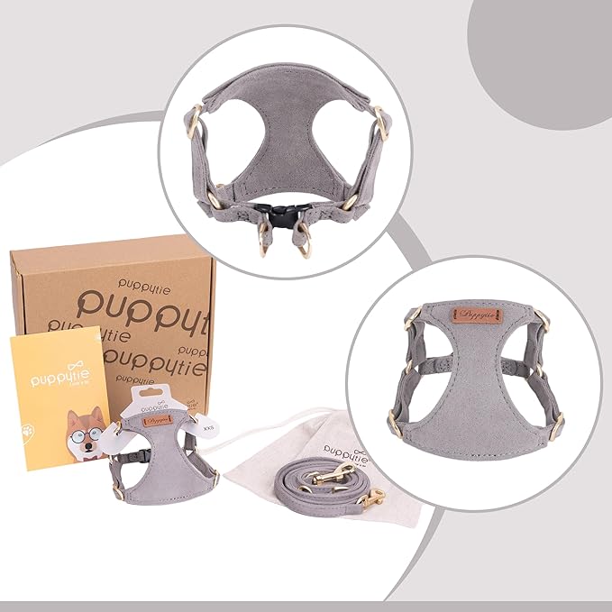 Puppytie XXS Puppy Harness with Multifunction Dog Leash,Soft Adjustable No Choke Escape Proof Pet Harness Vest,Silver Grey,XXS