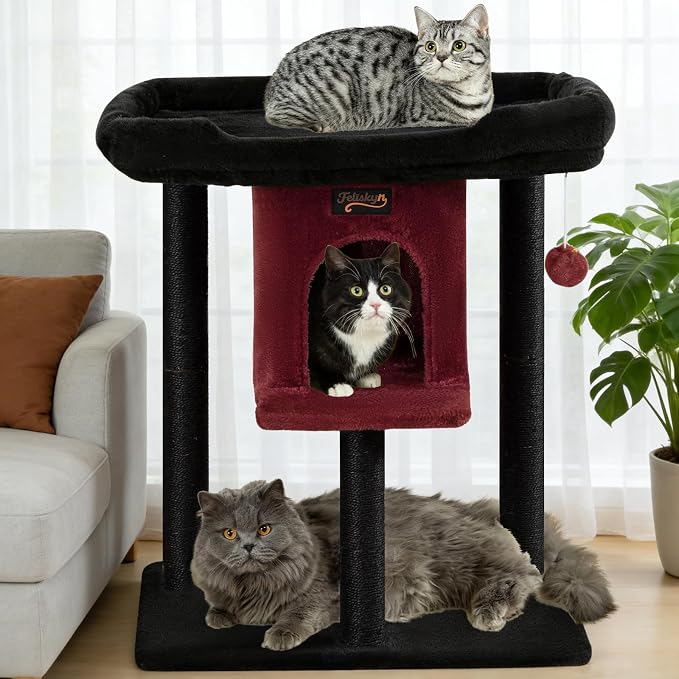 Cat Tree Tower Scratching Post for Indoor Large Cats, Small Cat Tree with Big Perch Bed, 28in Tall Trees House with Condo Cave, Toy Balls, Modern Climbing Furniture Platform for Kitten (Black)